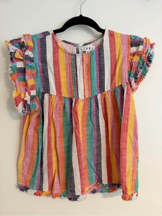 THML Tops - THML Multicolor Striped Ruffle Sleeve Top - Yellow, Pink, Green, Blue